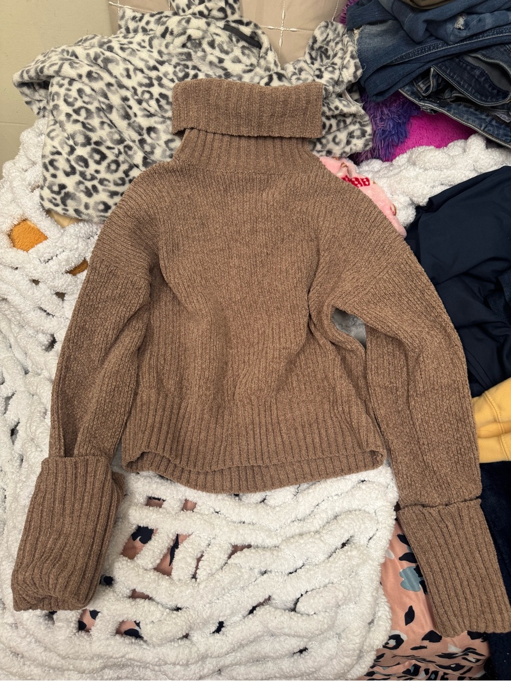 Pink Rose Brown Ribbed Turtleneck Sweater
